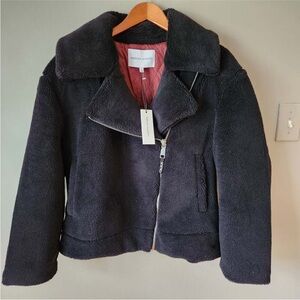 New Rebecca Minkoff Black Henderson Faux Fur Fleece Moto Jacket Coat Size Medium